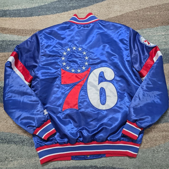 Vintage Starter Philadelphia 76ers Satin Jacket Blue Red Embroidered Logo M - Picture 2 of 11